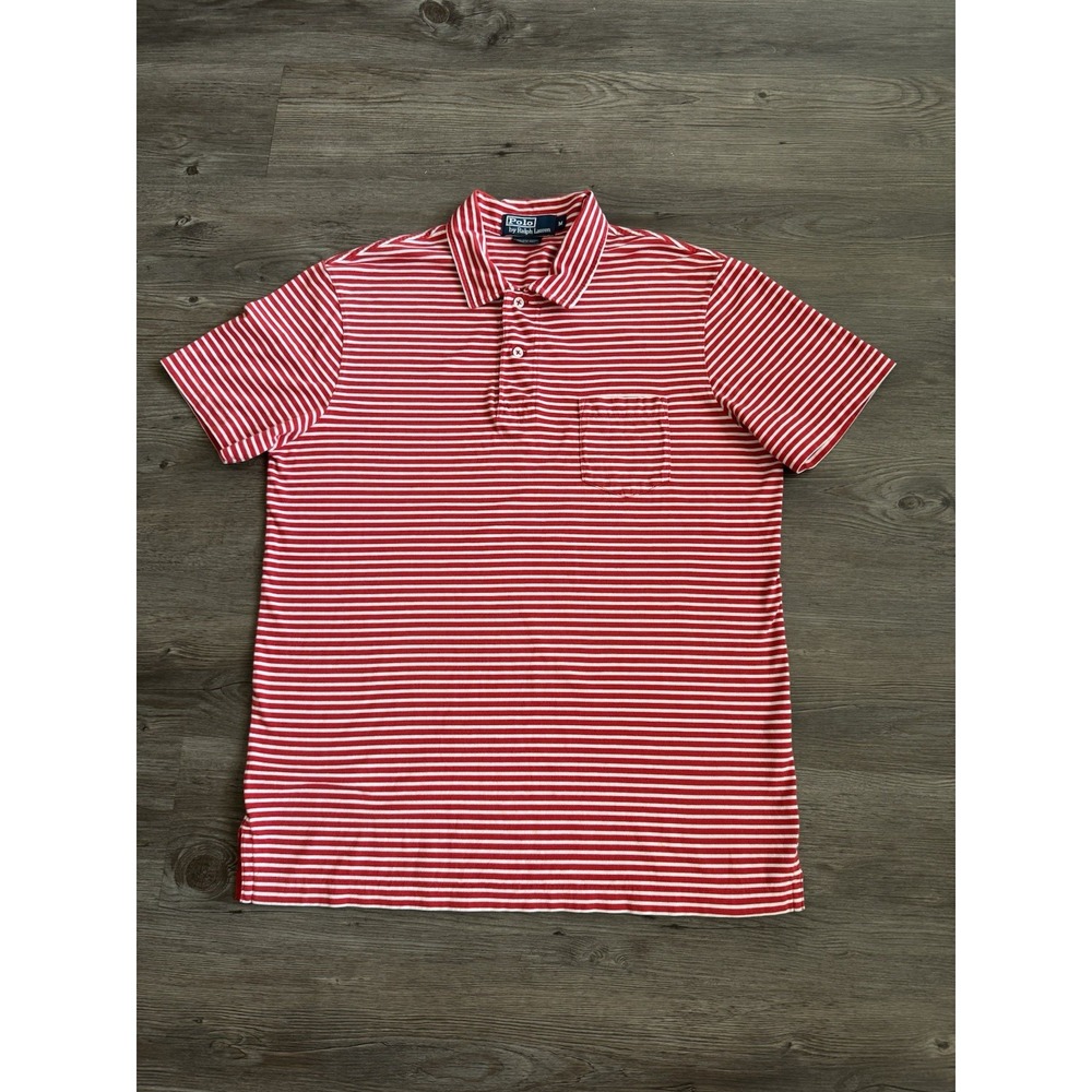 Polo Ralph Lauren Mens Polo Shirt Medium Red White Stripe Pima Cotton Pocket